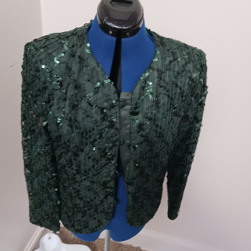 JS Boutique Womans Sz 12 Green Red Sequined Blazer Jacket Top